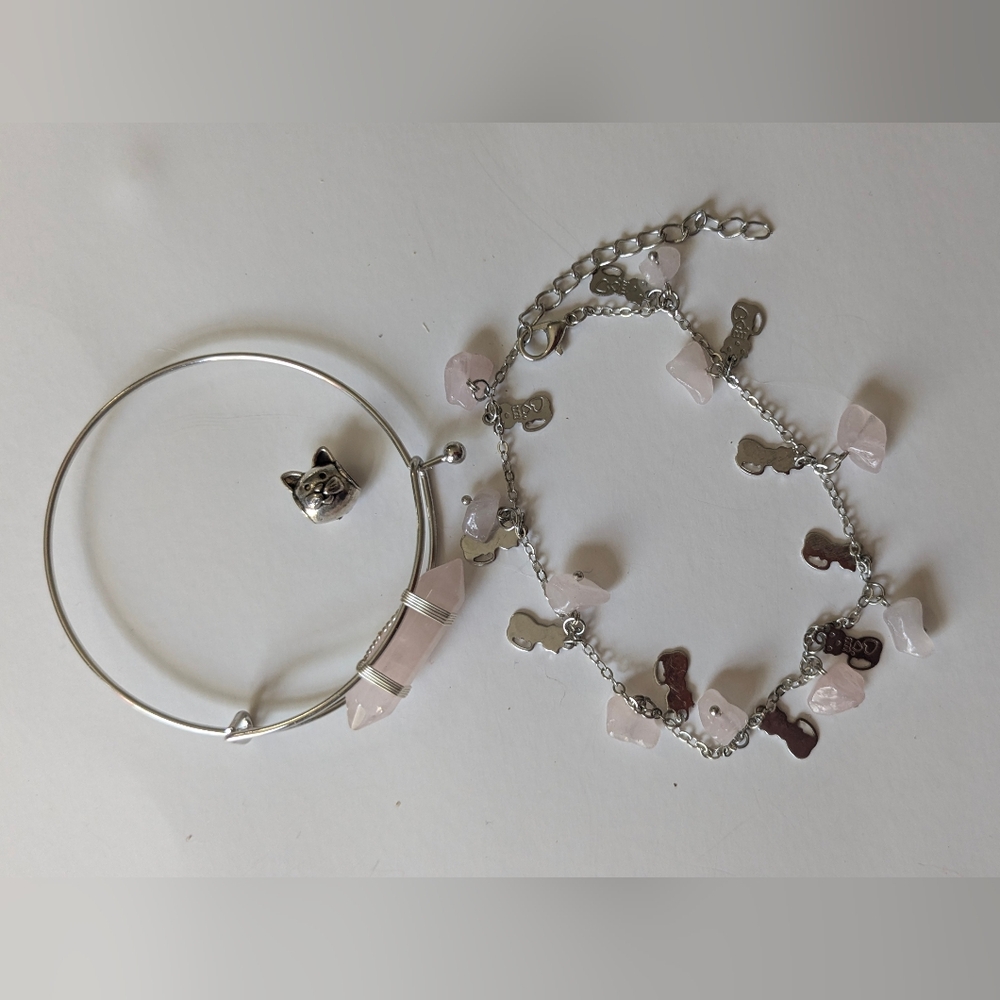 Handmade Natural Rose Quartz Bangle Bracelet & Kitty Cat Anklet (2 pc set)